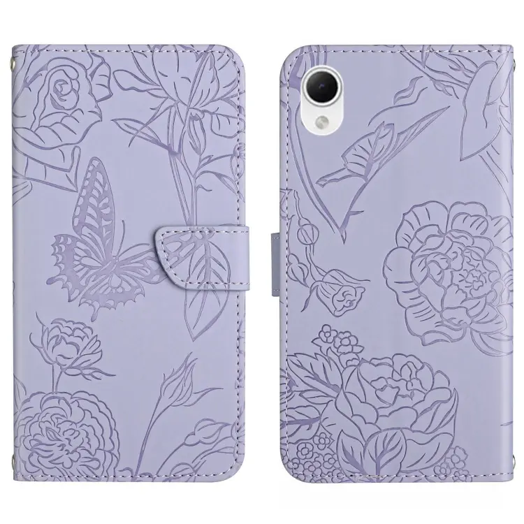 For Samsung Galaxy A23 5G JP Version HT03 Skin Feel Butterfly Embossed Flip Leather Phone Case(Purple)