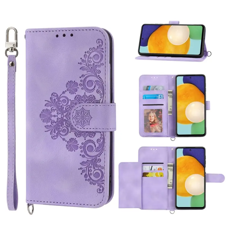 For Samsung Galaxy A23 Skin-feel Flowers Embossed Wallet Leather Phone Case(Purple)