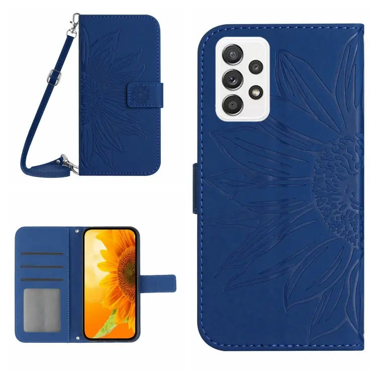 For Samsung Galaxy A23 Skin Feel Sun Flower Pattern Flip Leather Phone Case with Lanyard(Dark Blue)