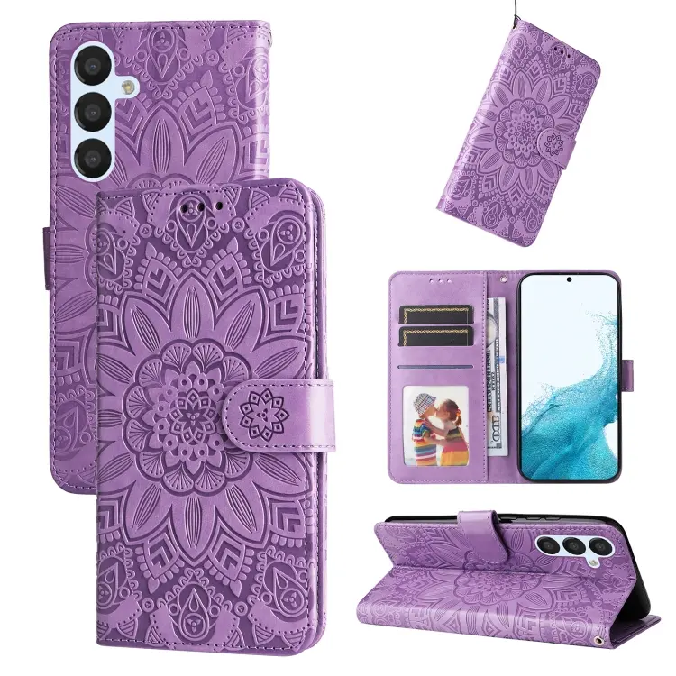 For Samsung Galaxy A34 5G Embossed Sunflower Leather Phone Case(Purple)