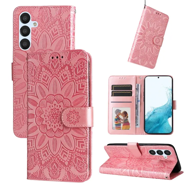 For Samsung Galaxy A34 5G Embossed Sunflower Leather Phone Case(Rose Gold)