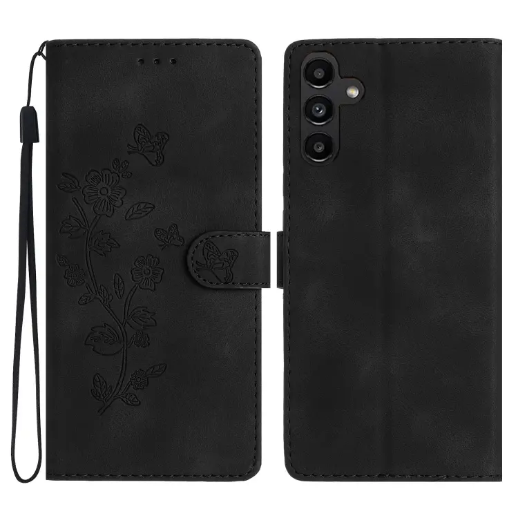 For Samsung Galaxy A35 5G Flower Butterfly Embossing Pattern Leather Phone Case(Black)