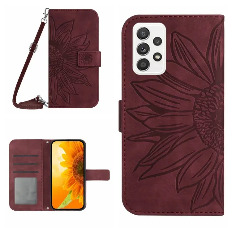 For Samsung Galaxy A52/A52S Skin Feel Sun Flower Pattern Flip Leather Phone Case with Lanyard(Wine Red)