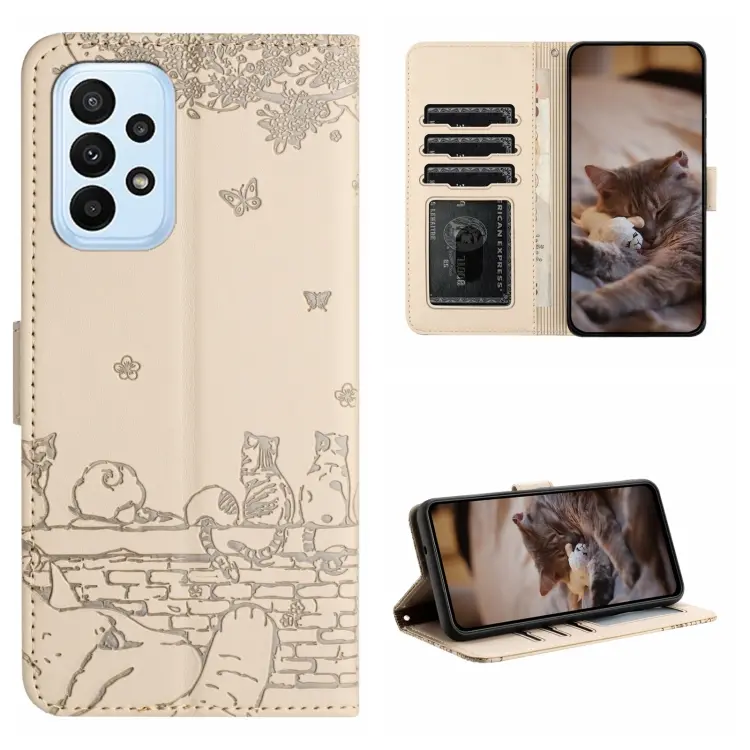 For Samsung Galaxy A53 Cat Embossing Pattern Leather Phone Case with Lanyard(Beige)