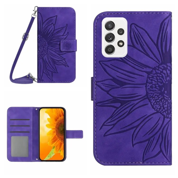 For Samsung Galaxy A73 5G Skin Feel Sun Flower Pattern Flip Leather Phone Case with Lanyard(Dark Purple)