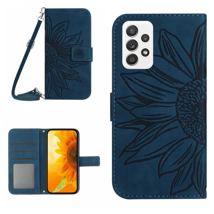For Samsung Galaxy A73 5G Skin Feel Sun Flower Pattern Flip Leather Phone Case with Lanyard(Inky Blue)