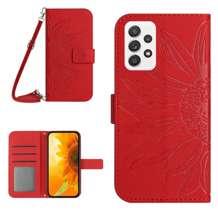 For Samsung Galaxy A73 5G Skin Feel Sun Flower Pattern Flip Leather Phone Case with Lanyard(Red)