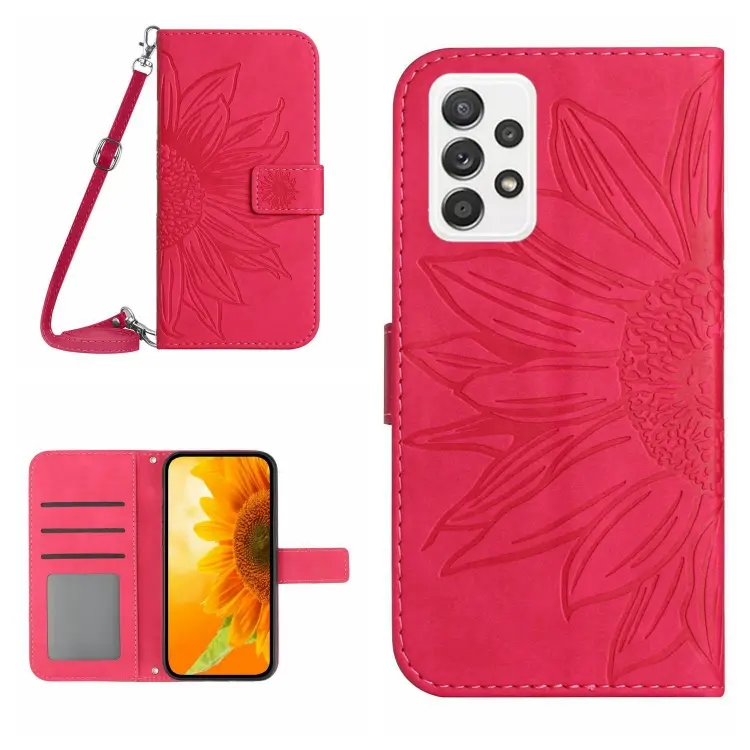 For Samsung Galaxy A73 5G Skin Feel Sun Flower Pattern Flip Leather Phone Case with Lanyard(Rose Red)
