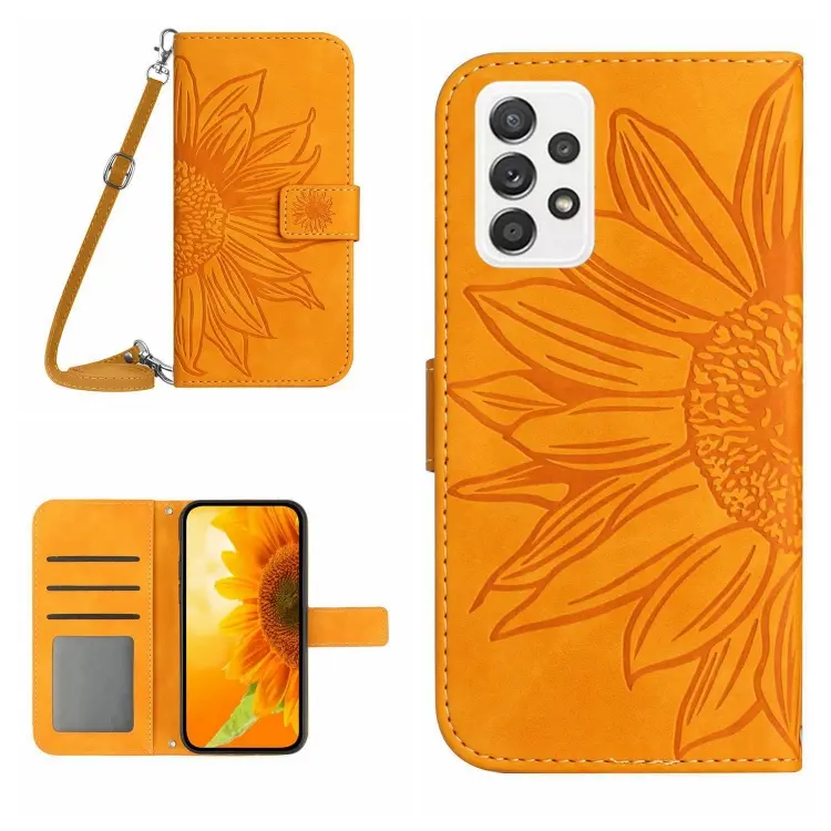 For Samsung Galaxy A73 5G Skin Feel Sun Flower Pattern Flip Leather Phone Case with Lanyard(Yellow)
