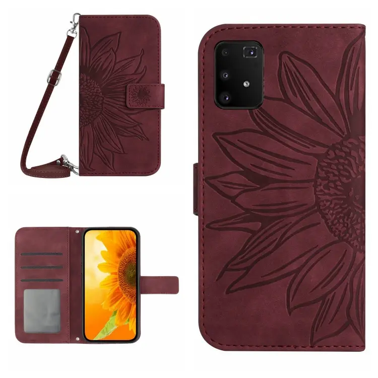 For Samsung Galaxy A91/S10 Lite Skin Feel Sun Flower Pattern Flip Leather Phone Case with Lanyard(Wine Red)