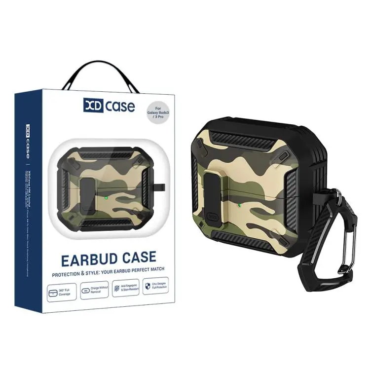 For Samsung Galaxy Buds3 / 3 Pro / 3 FE XDcase Camouflage Security Lock Earbuds Case with Carabiner(Army Green)