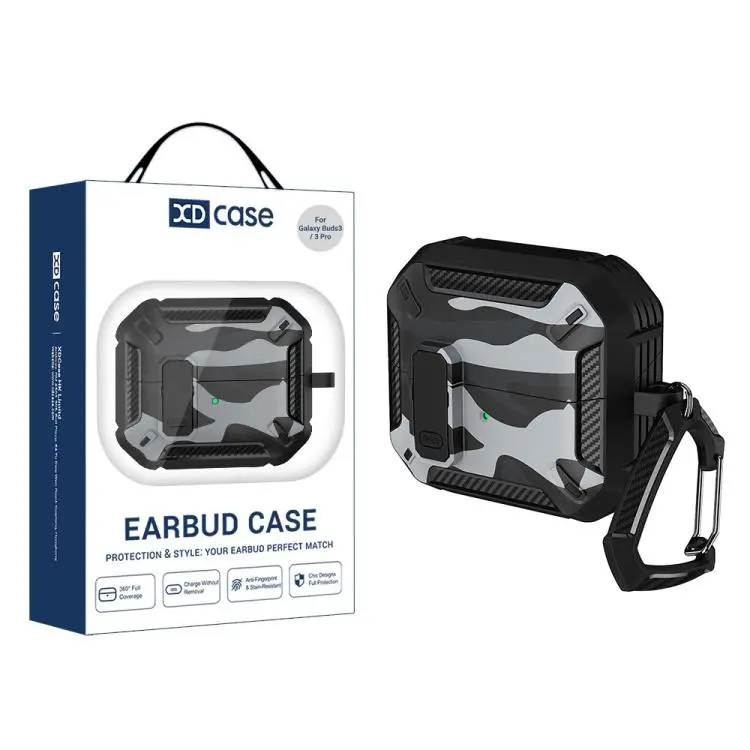 For Samsung Galaxy Buds3 / 3 Pro / 3 FE XDcase Camouflage Security Lock Earbuds Case with Carabiner(Black Gray)
