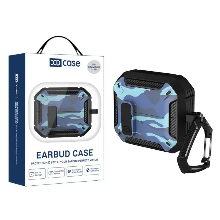 For Samsung Galaxy Buds3 / 3 Pro / 3 FE XDcase Camouflage Security Lock Earbuds Case with Carabiner(Navy Blue)