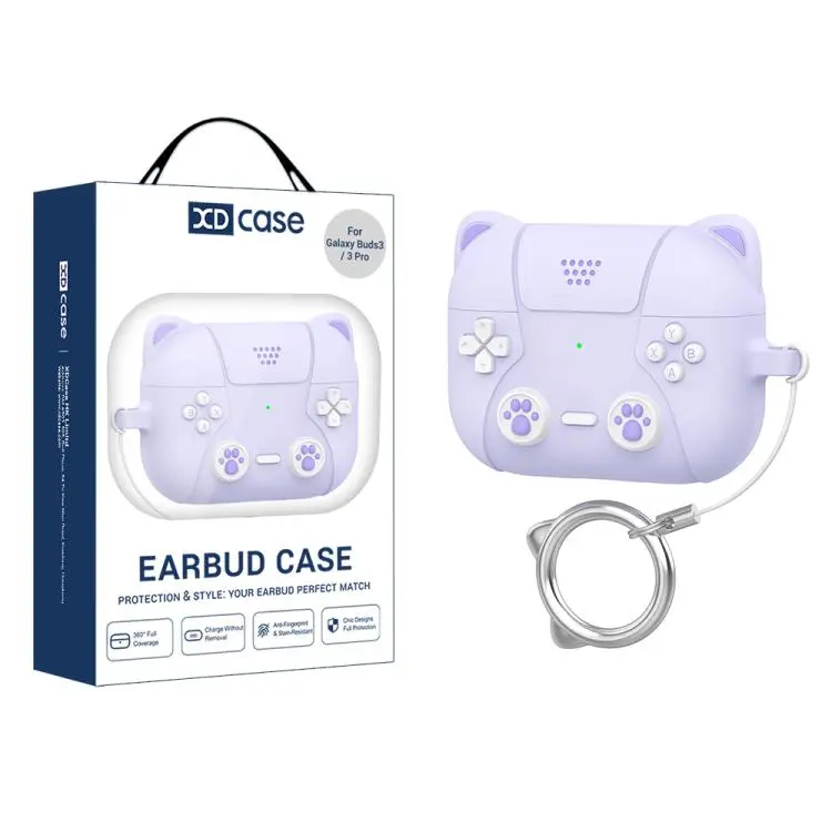 For Samsung Galaxy Buds3 / 3 Pro / 3 FE XDcase Retro Cat Cartoon Silicone Earbuds Case(Purple)