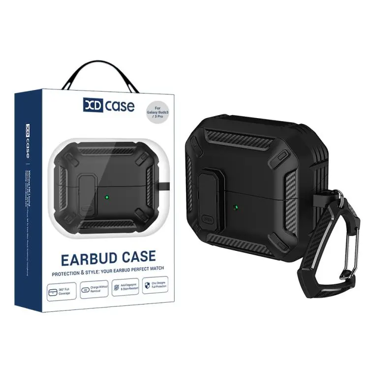 For Samsung Galaxy Buds3 / 3 Pro / 3 FE XDcase Solid Color Security Lock Earbuds Case with Carabiner(Black)
