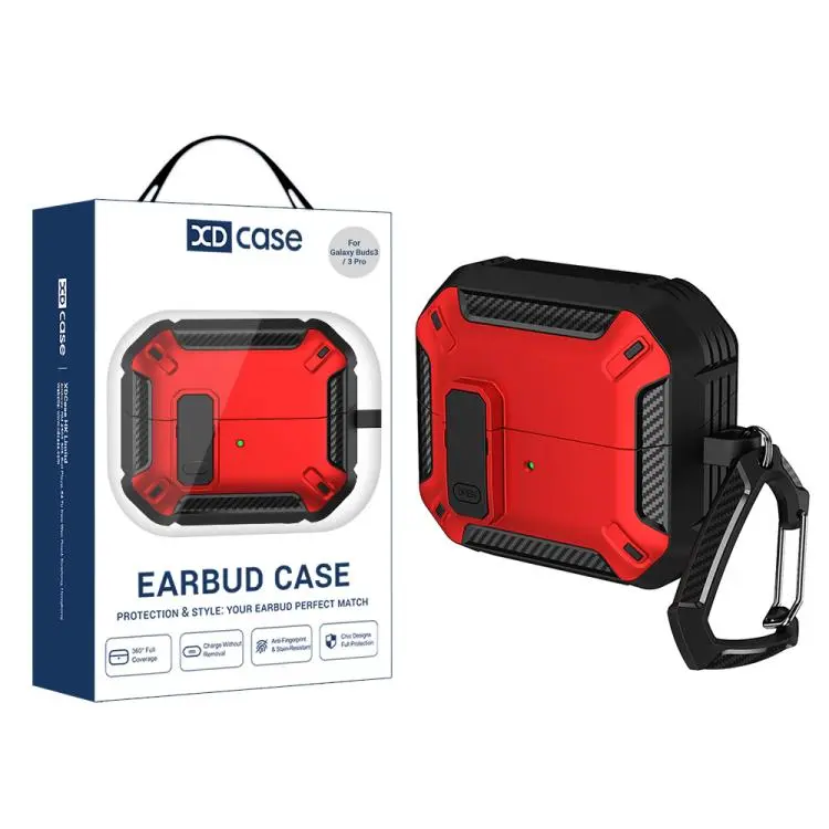 For Samsung Galaxy Buds3 / 3 Pro / 3 FE XDcase Solid Color Security Lock Earbuds Case with Carabiner(Red)