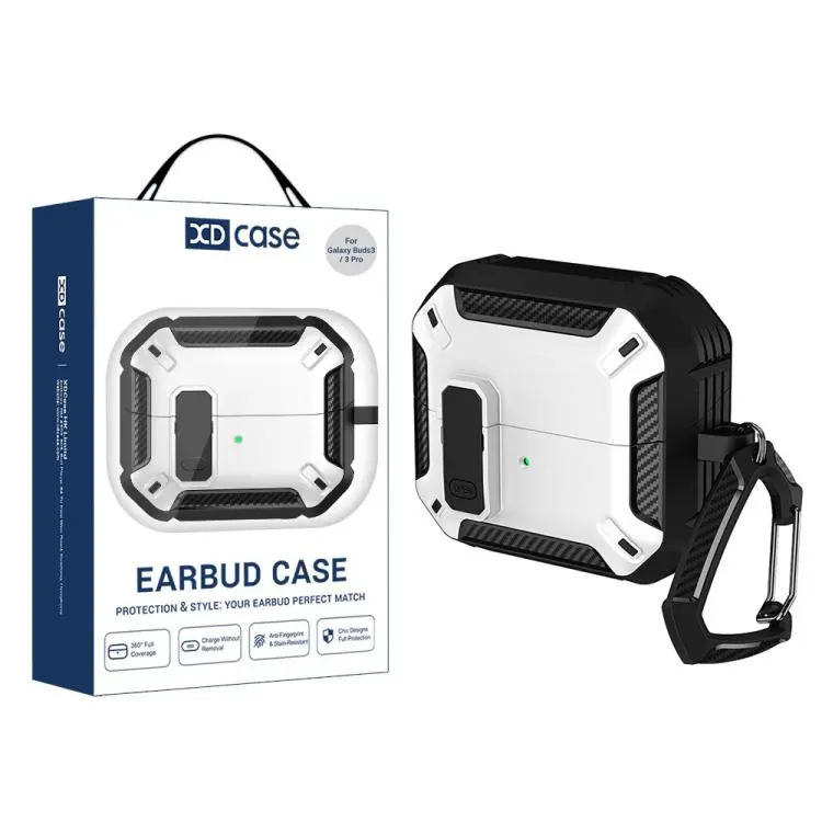 For Samsung Galaxy Buds3 / 3 Pro / 3 FE XDcase Solid Color Security Lock Earbuds Case with Carabiner(White)