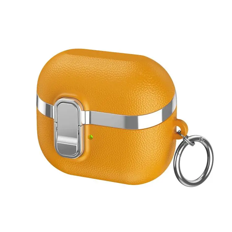 For Samsung Galaxy Buds3 Electroplated Leather Texture Wireless Earphones Protective Case with Security Lock(Yellow)
