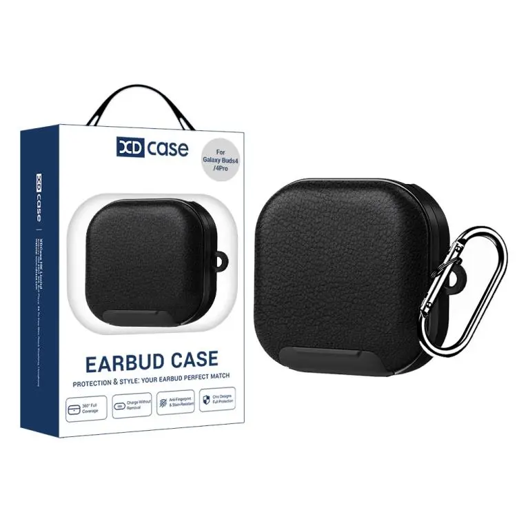 For Samsung Galaxy Buds4 / 4 Pro XDcase Lychee Texture Earbuds Case with Holder(Black)