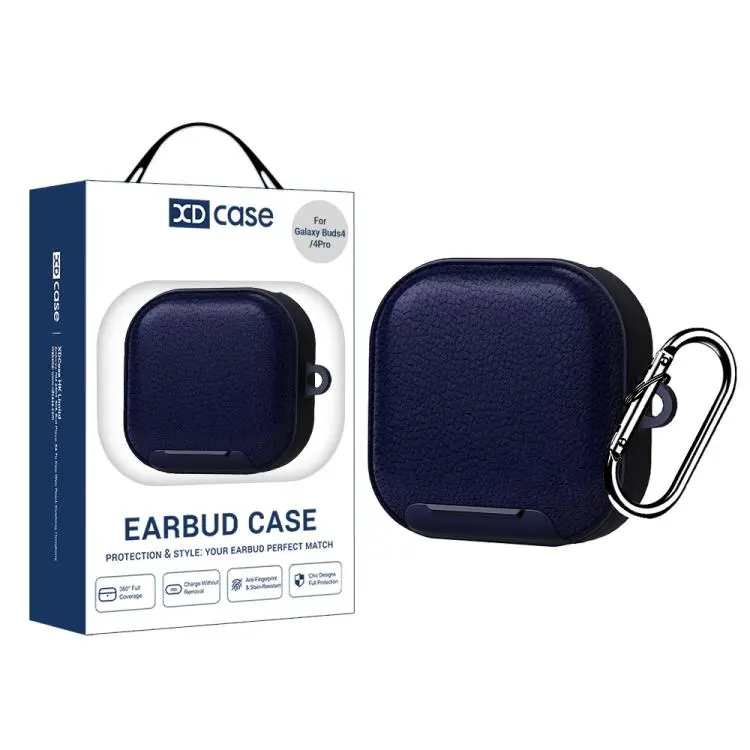 For Samsung Galaxy Buds4 / 4 Pro XDcase Lychee Texture Earbuds Case with Holder(Dark Blue)