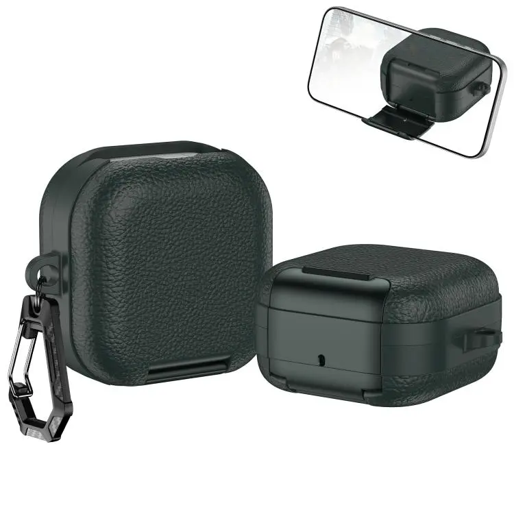 For Samsung Galaxy Buds4 / Buds4 Pro Leather Texture Wireless Earphones Case with Hook & Holder(Army Green)