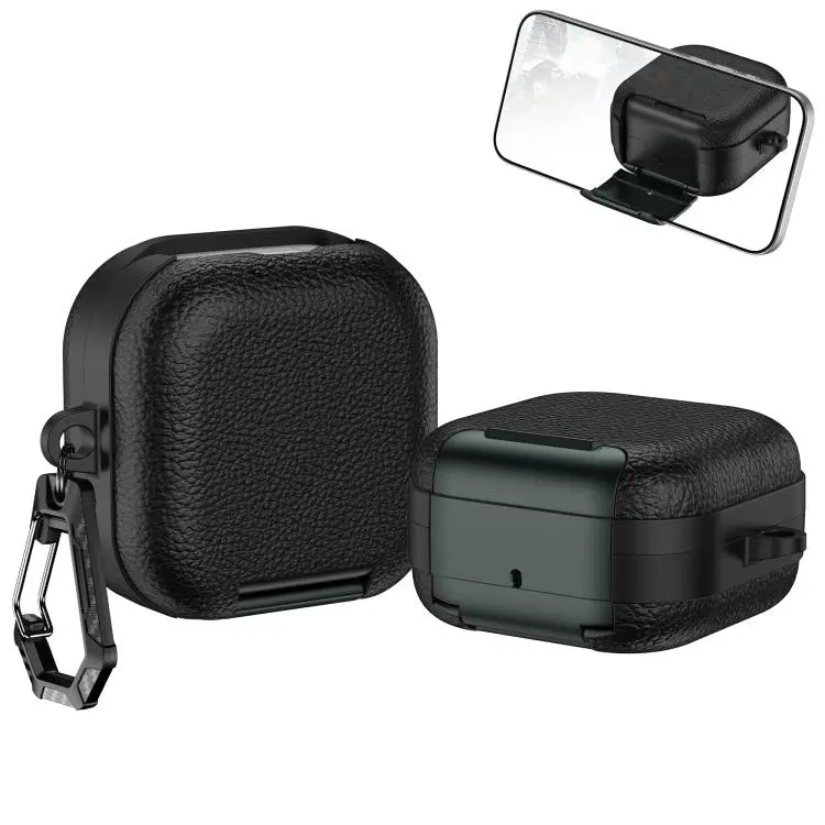 For Samsung Galaxy Buds4 / Buds4 Pro Leather Texture Wireless Earphones Case with Hook & Holder(Black Army Green)