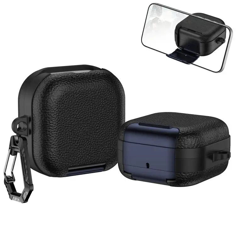 For Samsung Galaxy Buds4 / Buds4 Pro Leather Texture Wireless Earphones Case with Hook & Holder(Black Dark Blue)