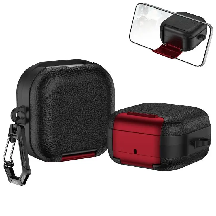 For Samsung Galaxy Buds4 / Buds4 Pro Leather Texture Wireless Earphones Case with Hook & Holder(Black Red)