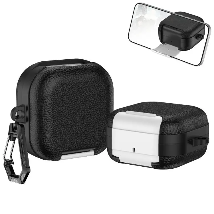 For Samsung Galaxy Buds4 / Buds4 Pro Leather Texture Wireless Earphones Case with Hook & Holder(Black White)