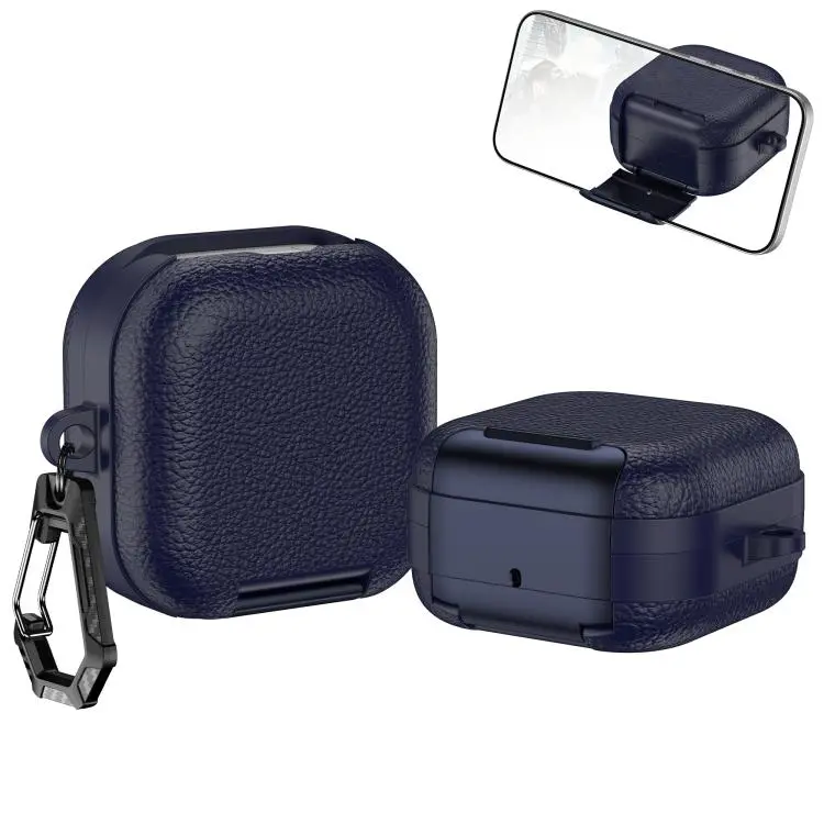 For Samsung Galaxy Buds4 / Buds4 Pro Leather Texture Wireless Earphones Case with Hook & Holder(Dark Blue)