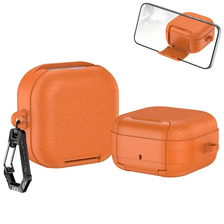 For Samsung Galaxy Buds4 / Buds4 Pro Leather Texture Wireless Earphones Case with Hook & Holder(Orange)