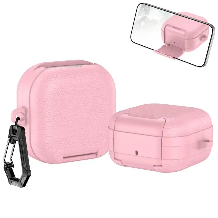 For Samsung Galaxy Buds4 / Buds4 Pro Leather Texture Wireless Earphones Case with Hook & Holder(Pink)