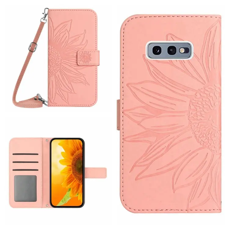 For Samsung Galaxy S10E Skin Feel Sun Flower Pattern Flip Leather Phone Case with Lanyard(Pink)