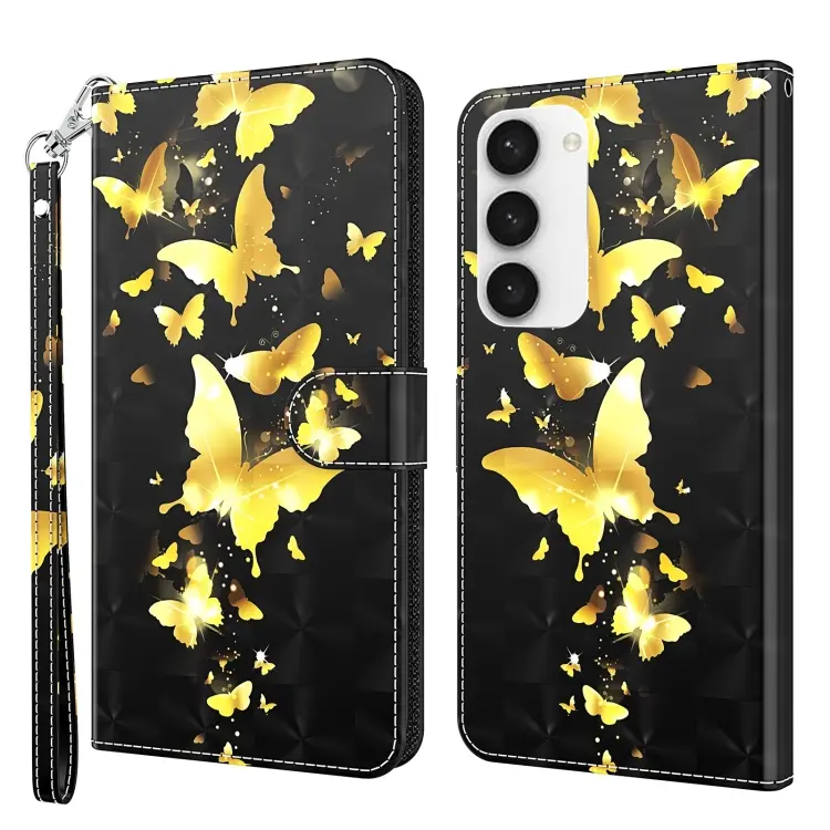 For Samsung Galaxy S23 5G 3D Painting Pattern TPU + PU Phone Case(Gold Butterfly)