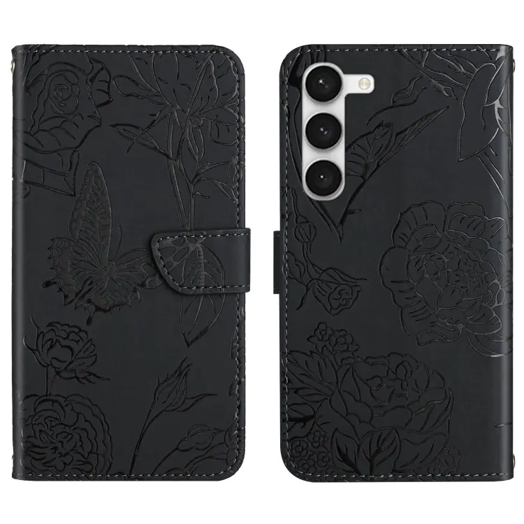For Samsung Galaxy S23 5G HT03 Skin Feel Butterfly Embossed Flip Leather Phone Case(Black)