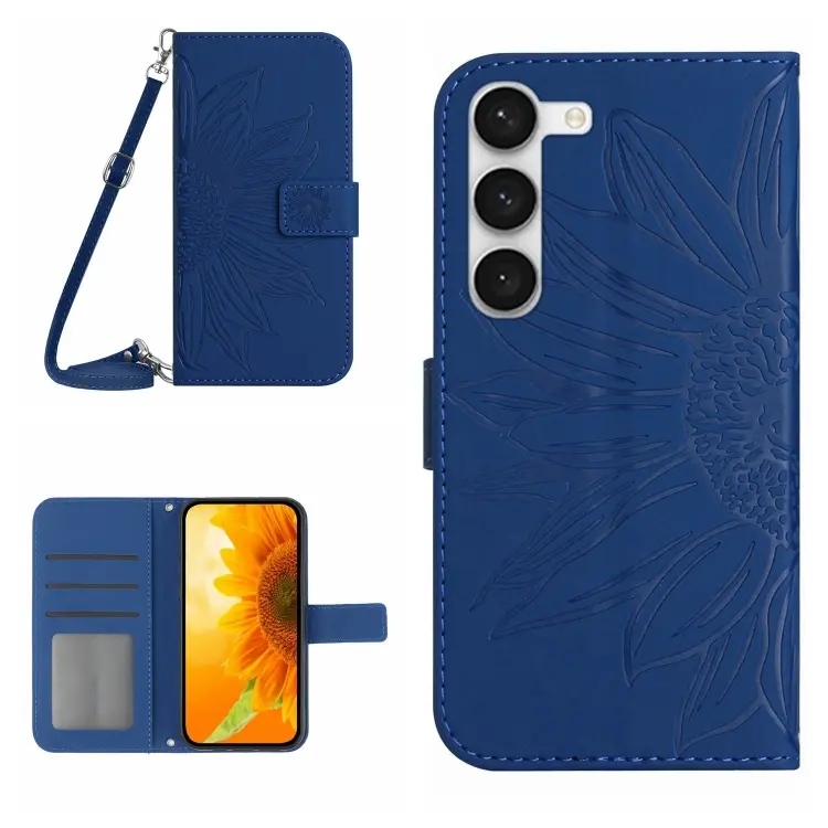 For Samsung Galaxy S23+ 5G Skin Feel Sun Flower Pattern Flip Leather Phone Case with Lanyard(Dark Blue)