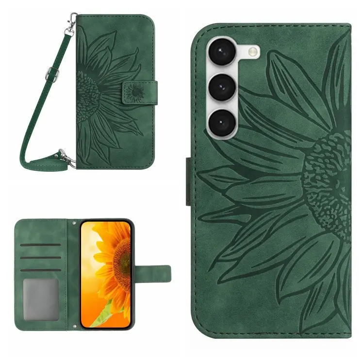 For Samsung Galaxy S23+ 5G Skin Feel Sun Flower Pattern Flip Leather Phone Case with Lanyard(Green)