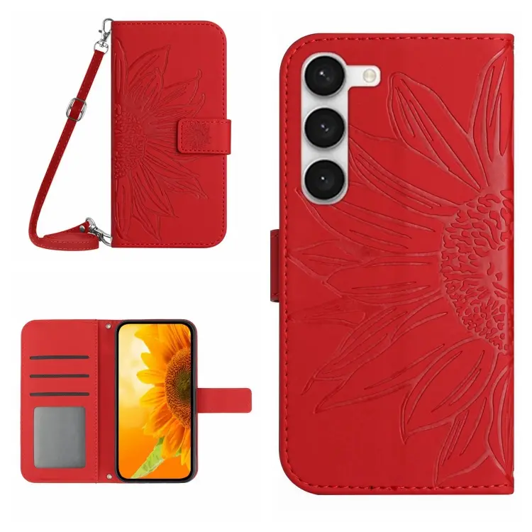 For Samsung Galaxy S23+ 5G Skin Feel Sun Flower Pattern Flip Leather Phone Case with Lanyard(Red)