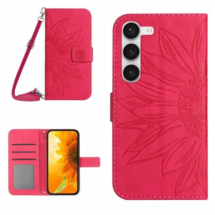 For Samsung Galaxy S23+ 5G Skin Feel Sun Flower Pattern Flip Leather Phone Case with Lanyard(Rose Red)