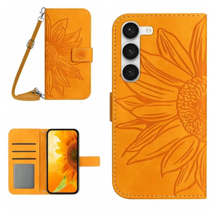 For Samsung Galaxy S23 5G Skin Feel Sun Flower Pattern Flip Leather Phone Case with Lanyard(Yellow)