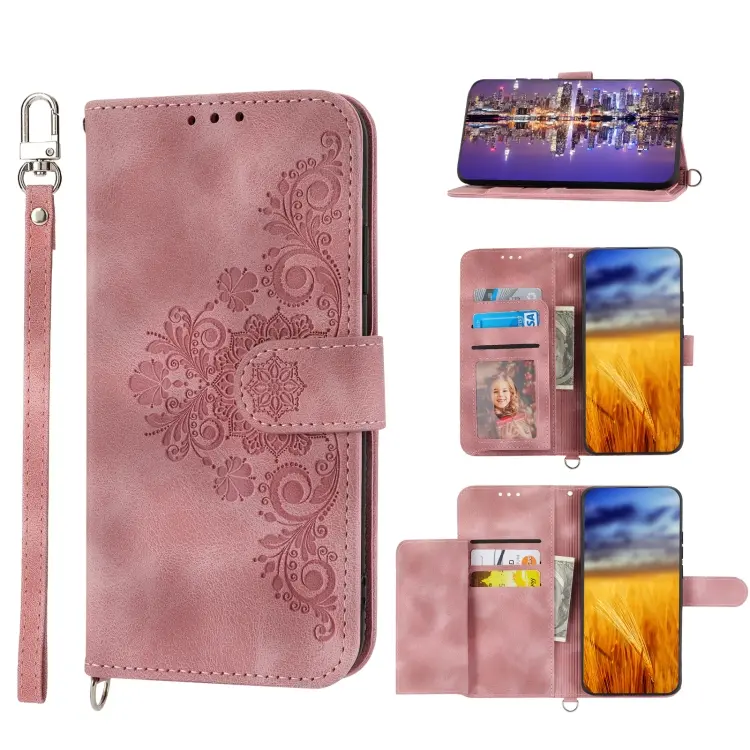 For Samsung Galaxy S23+ Skin-feel Flowers Embossed Wallet Leather Phone Case(Pink)