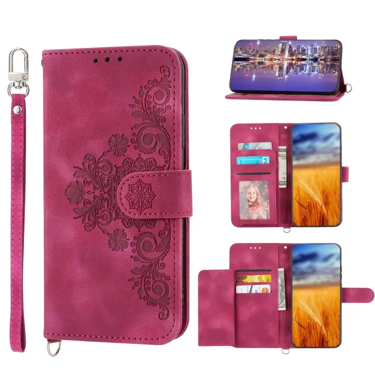 For Samsung Galaxy S23+ Skin-feel Flowers Embossed Wallet Leather Phone Case(Wine Red)