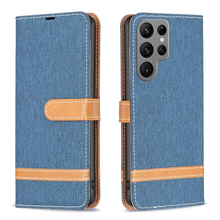 For Samsung Galaxy S23 Ultra 5G Color Block Denim Texture Leather Phone Case(Dark Blue)