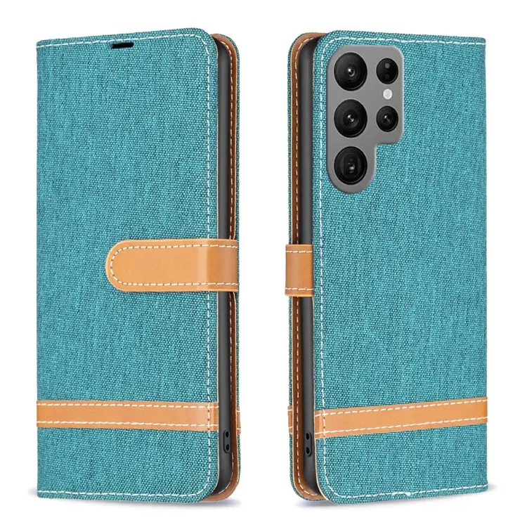 For Samsung Galaxy S23 Ultra 5G Color Block Denim Texture Leather Phone Case(Green)