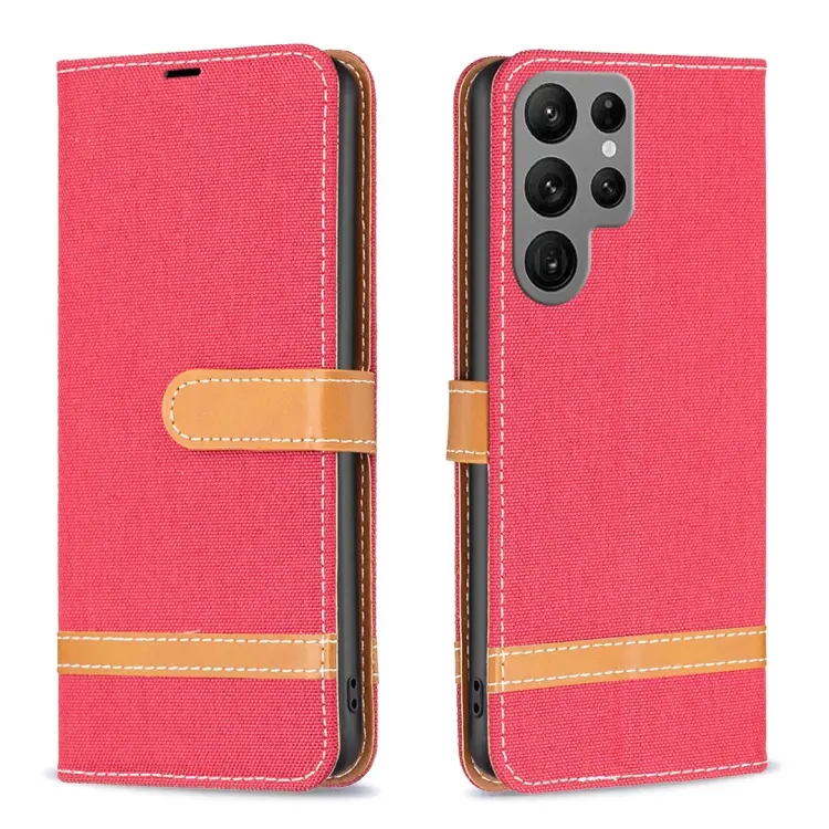 For Samsung Galaxy S23 Ultra 5G Color Block Denim Texture Leather Phone Case(Red)