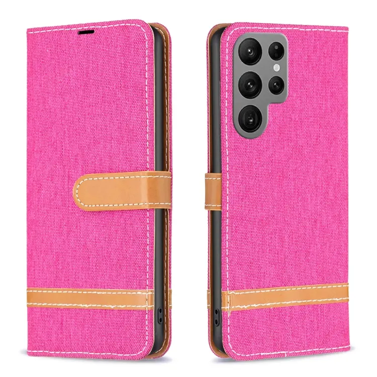 For Samsung Galaxy S23 Ultra 5G Color Block Denim Texture Leather Phone Case(Rose Red)