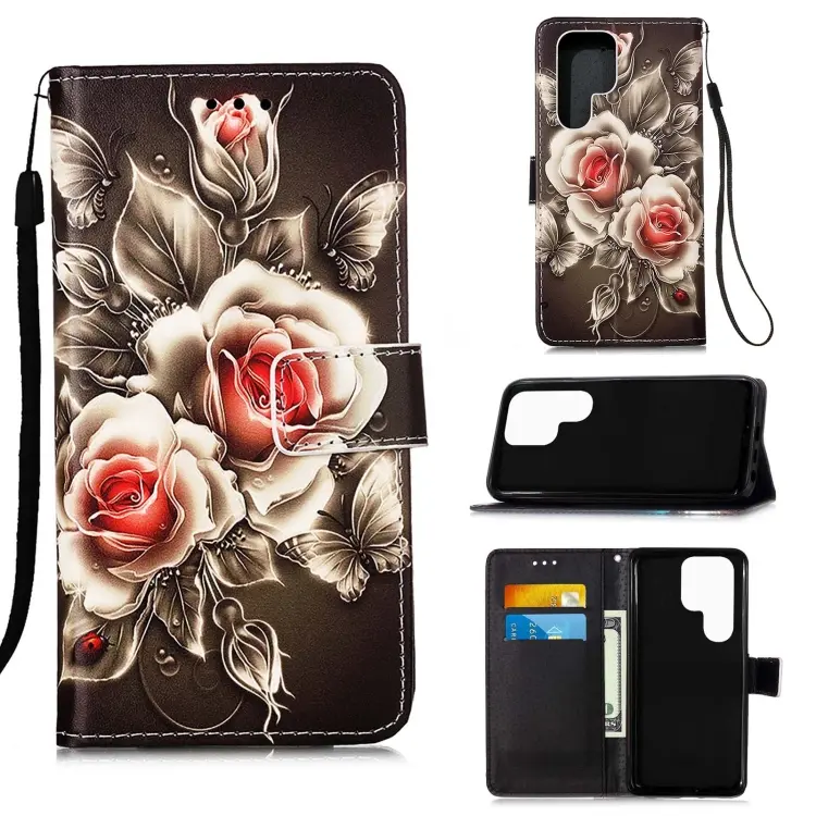 For Samsung Galaxy S23 Ultra 5G Colored Drawing Pattern Plain Weave Leather Phone Case(Roses On Black)