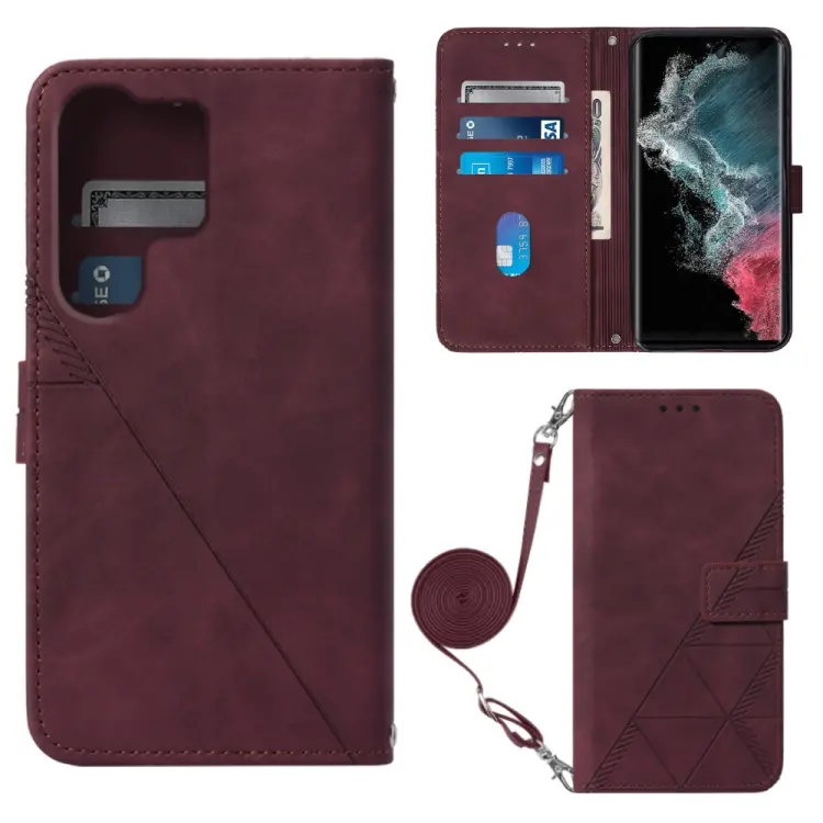 For Samsung Galaxy S23 Ultra 5G Crossbody 3D Embossed Flip Leather Phone Case(Wine Red)