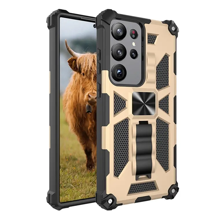 For Samsung Galaxy S23 Ultra 5G Shockproof TPU + PC Magnetic Phone Case with Holder(Gold)