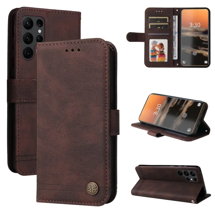 For Samsung Galaxy S23 Ultra 5G Skin Feel Life Tree Metal Button Leather Phone Case(Brown)